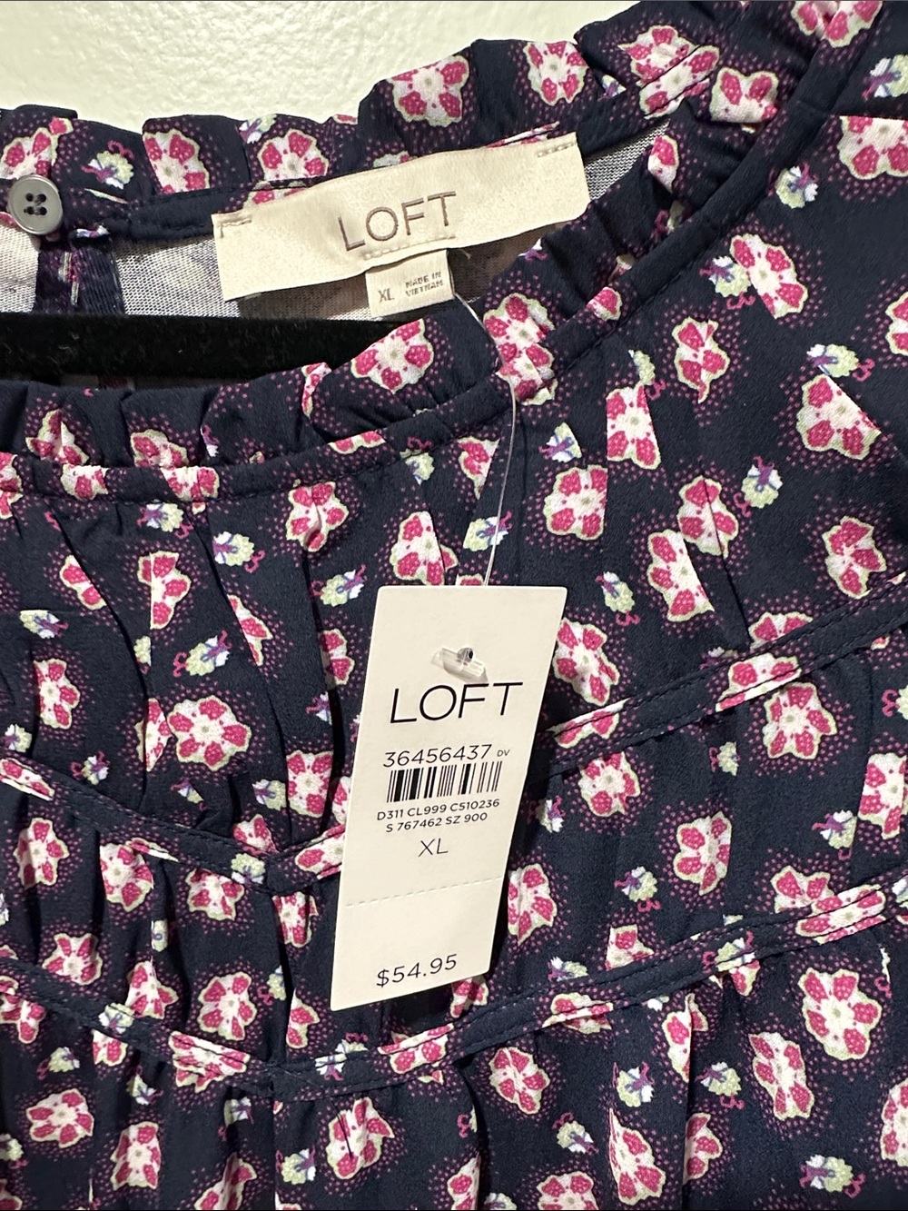 LOFT Navy Pink Floral Ruffle Sleeve Top - Picture 2 of 3